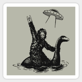 Bigfoot riding the Loch Ness monster with a UFO Sticker